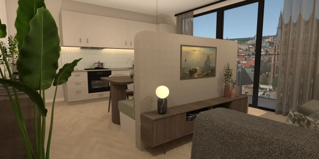 Interieurontwerp appartement in Dronten met tussenwand en eetkamerbank voor ruimere indeling