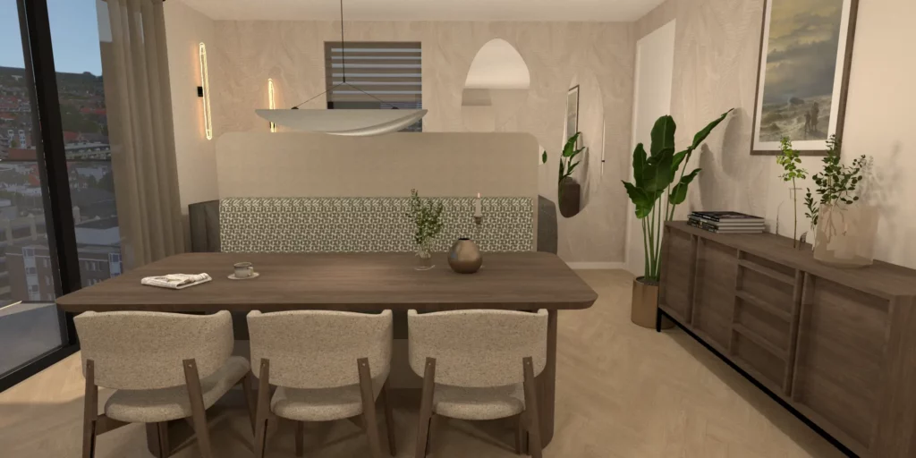 Interieurontwerp appartement in Dronten met tussenwand en eetkamerbank voor ruimere indeling