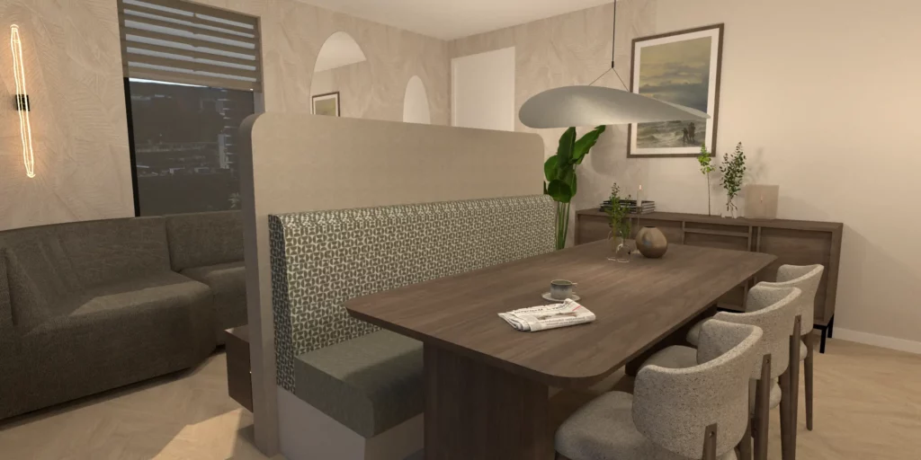 Interieurontwerp appartement in Dronten met tussenwand en eetkamerbank voor ruimere indeling