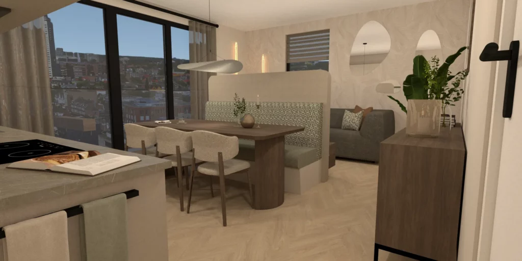 Interieurontwerp appartement in Dronten met eetkamerbank en lichte inrichting voor ruimere indeling