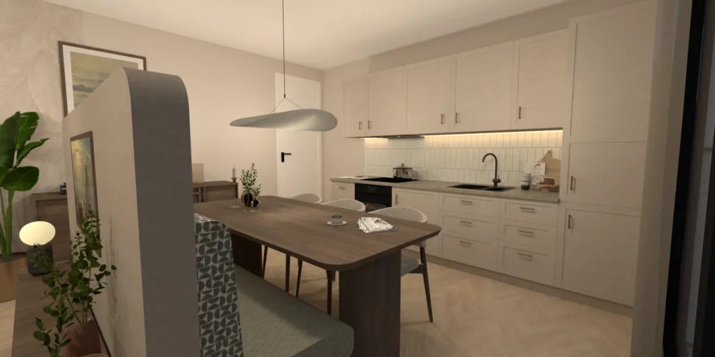 Interieurontwerp appartement in Dronten met eetkamerbank en lichte keuken voor ruimere indeling