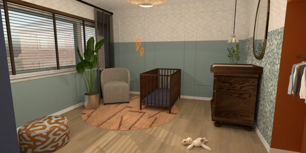 Render van babykamer in Eindhoven met retro inrichting
