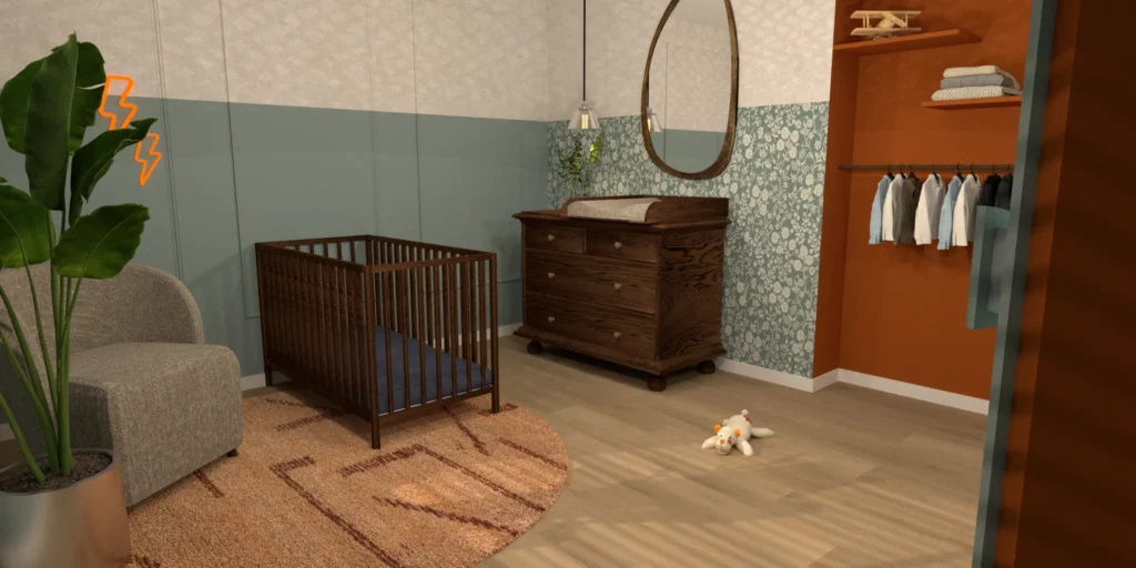 Interieurontwerp babykamer in Eindhoven met retro inrichting en kleurrijke meubels