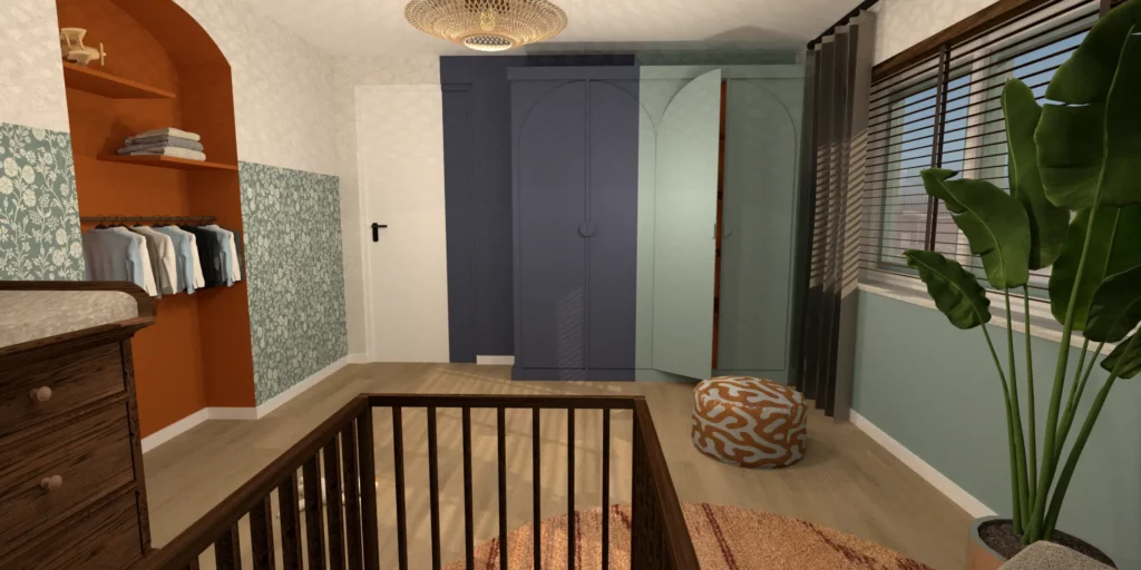 Interieurontwerp babykamer in Eindhoven met retro inrichting en kleurrijke meubels