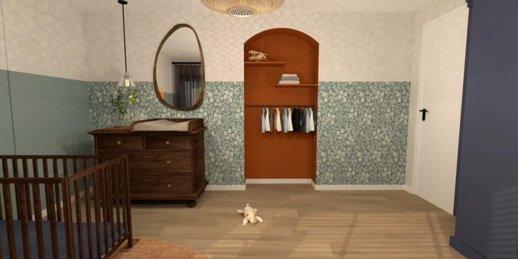 Interieurontwerp babykamer in Eindhoven met retro inrichting en kleurrijke meubels