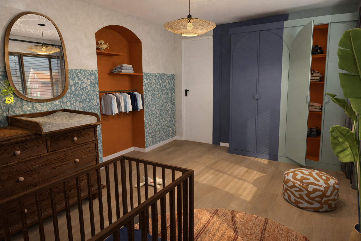 Interieurontwerp retro babykamer in Eindhoven met maatwerk kast en vrolijke kleuren