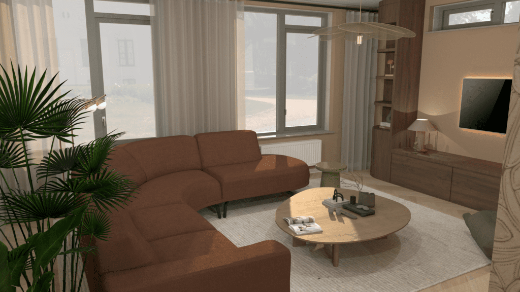 Interieurontwerp van woonkamer in woning in Ten Boer met warme kleur bank en maatwerk tv-meubel