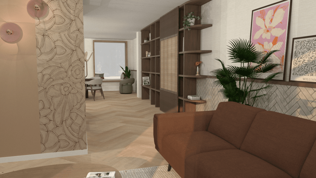 Sfeervolle render van kleurrijk interieur met warme tinten en doorkijk richting keuken in woning Ten Boer