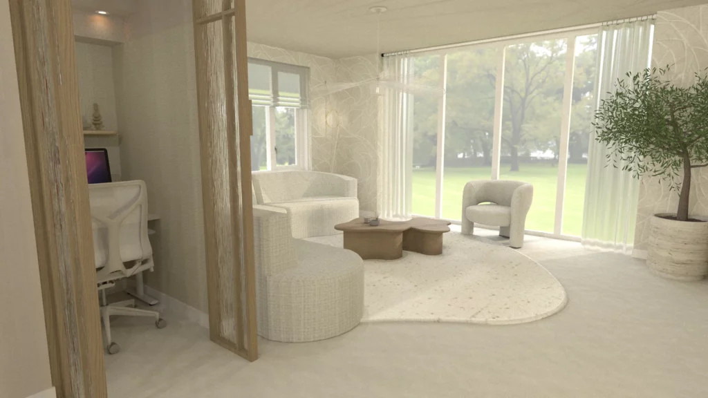 3D render beelden van woning Barneveld, woonkamer in licht beige kleuren met eiken houten accenten in Scandinavische en Japandi stijl