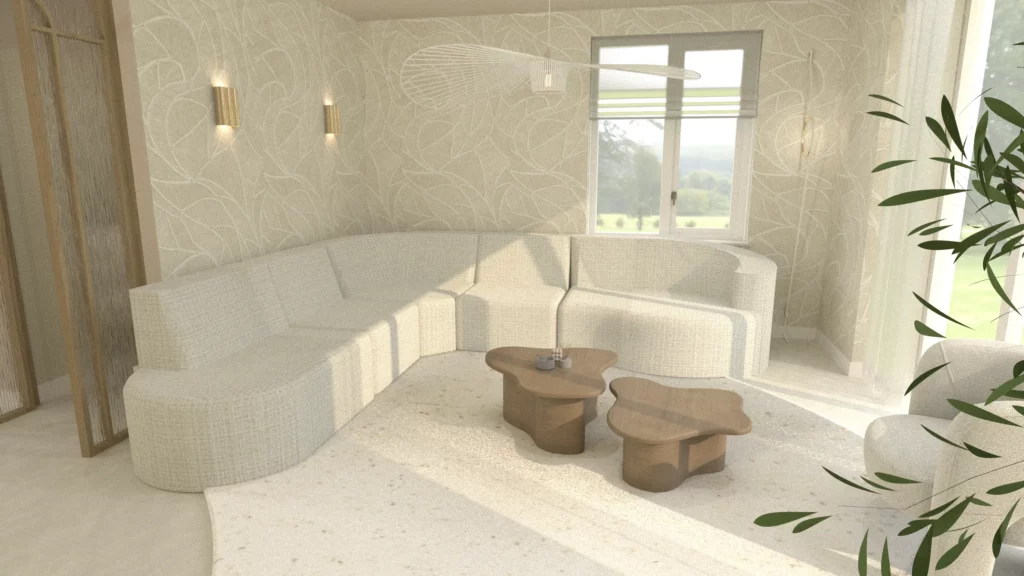 3D render beelden van woning Barneveld, woonkamer in licht beige kleuren met eiken houten accenten in Scandinavische en Japandi stijl