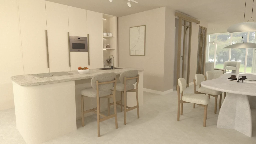 Japandi interieurontwerp en realistische 3D visualisaties van woning Barneveld met beige keuken, travertin blad en kookeiland