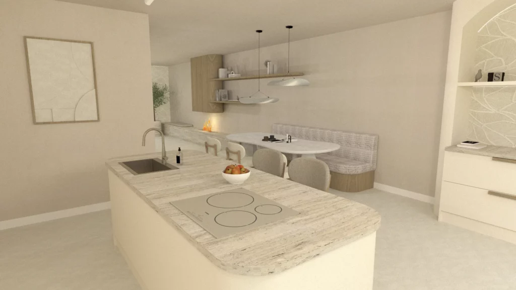 Japandi interieurontwerp en realistische 3D visualisaties van woning Barneveld met beige keuken, travertin blad en kookeiland
