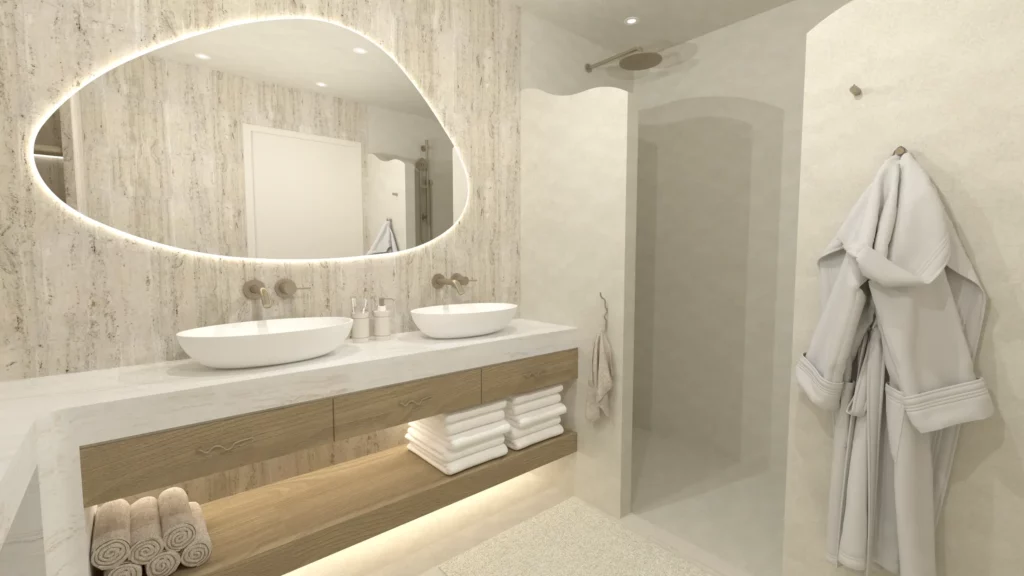 Interieurontwerp badkamer in Scandinavische stijl met beige tinten en licht eiken badkamermeubel in Barneveld