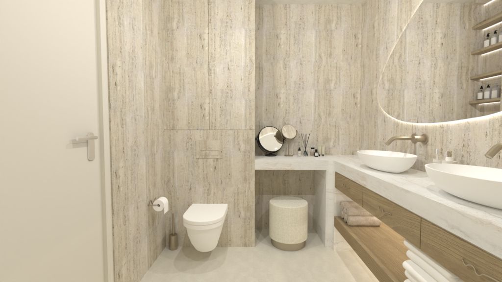 Interieurontwerp badkamer in Scandinavische stijl met beige tinten en licht eiken badkamermeubel in Barneveld