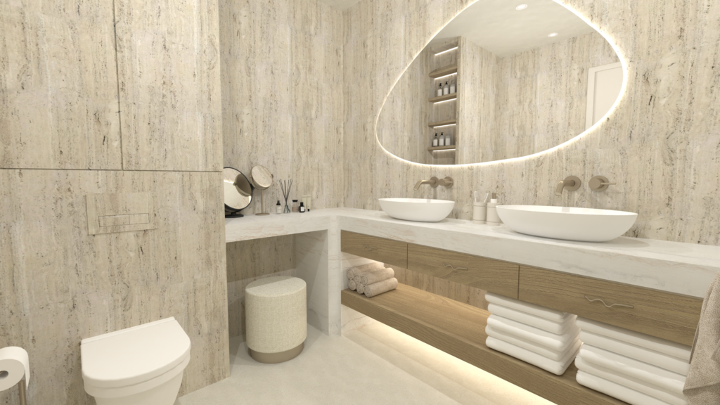 Interieurontwerp badkamer in Japandi stijl met veel beige tinten en licht eiken badkamermeubel in Barneveld