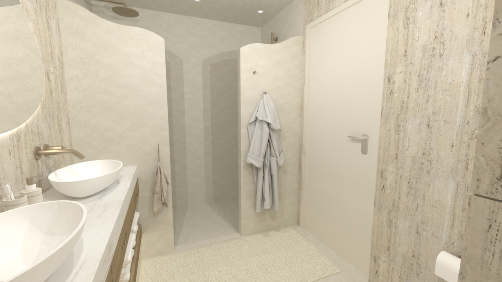 Interieurontwerp badkamer in Japandi stijl met veel beige tinten en licht eiken badkamermeubel