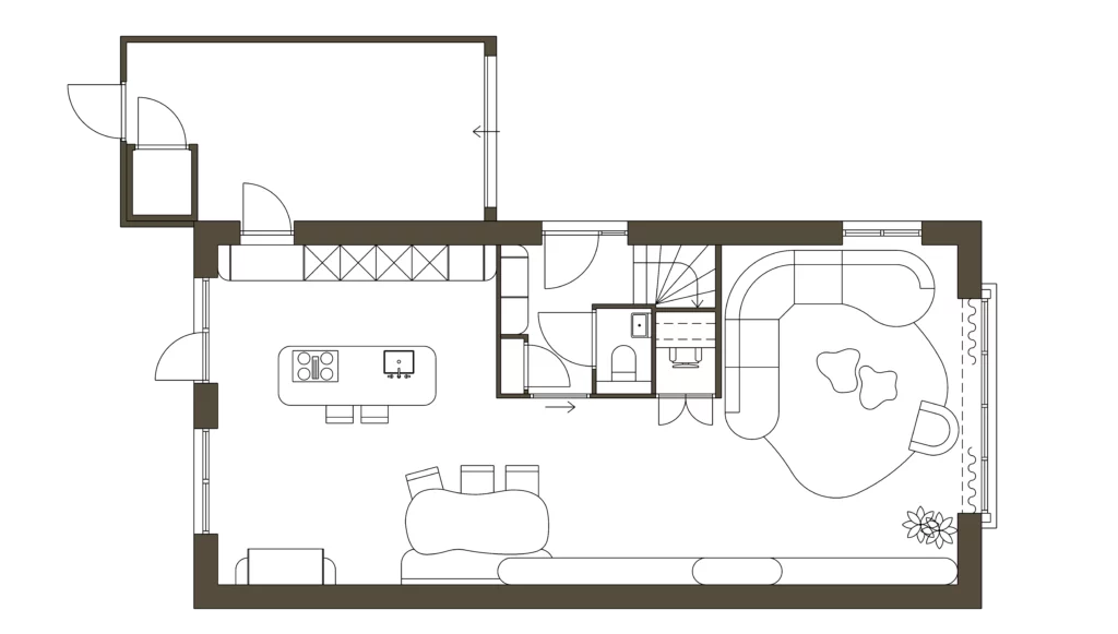 Plattegrond woning Barneveld met maatwerk tv-meubel, eetkamerbank, kookeiland en koffiehoek