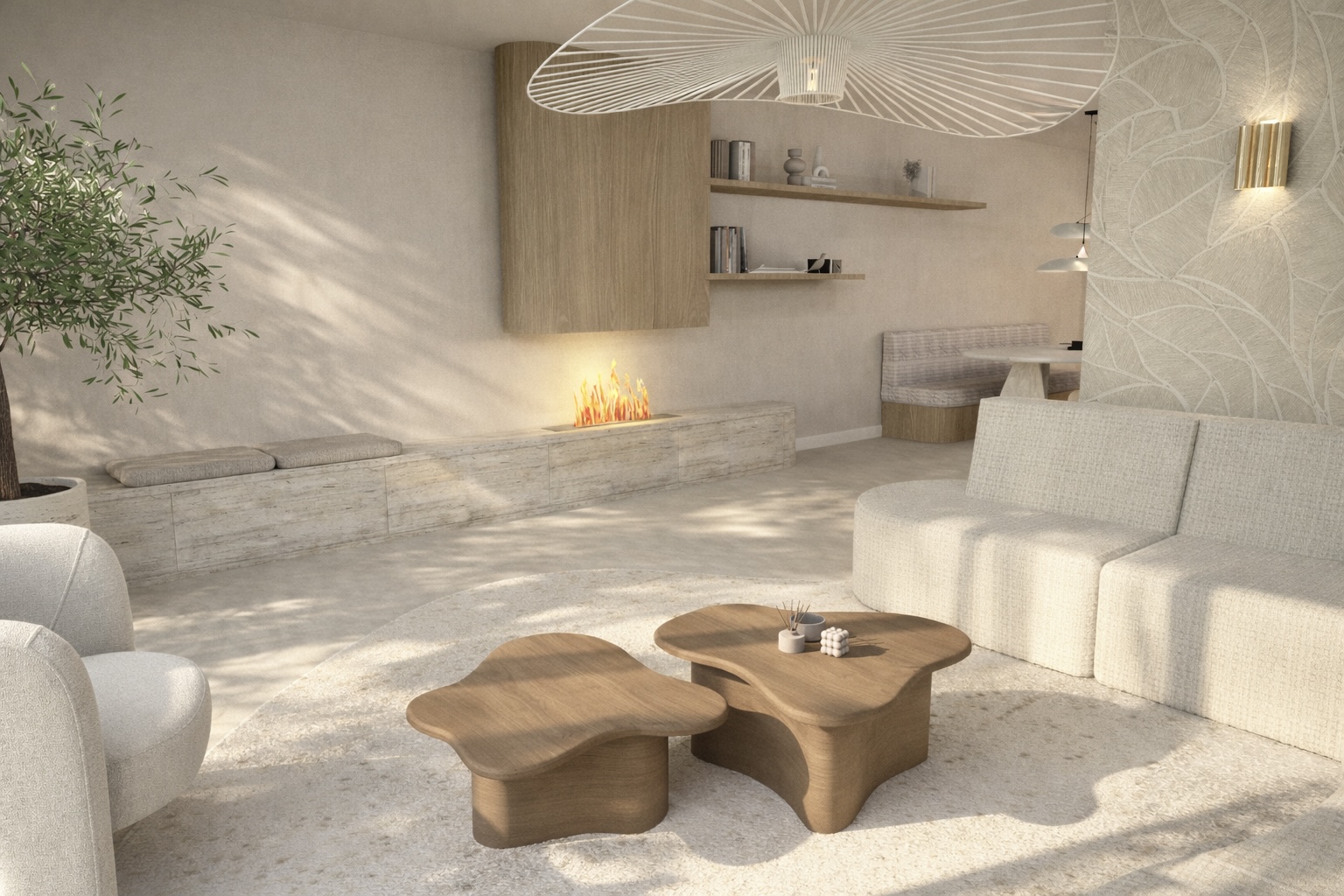 3D render beelden van woning Barneveld, woonkamer in licht beige kleuren met eiken houten accenten en maatwerk tv-meubel in Scandinavische en Japandi stijl