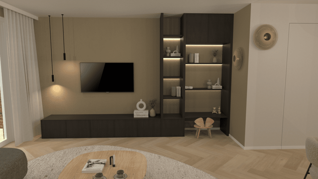 Ontwerp maatwerk tv-meubel van donker hout met groene accenten voor woning in Barneveld