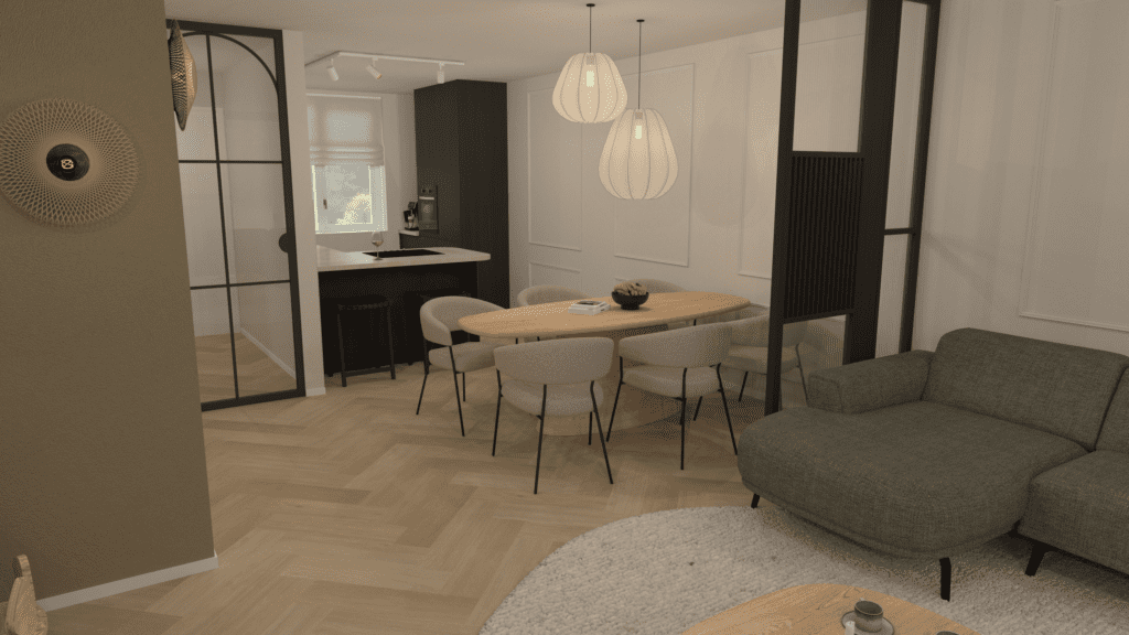 Interieurontwerp woning Barneveld met donker houten keuken, travertin keukenblad en groene accenten