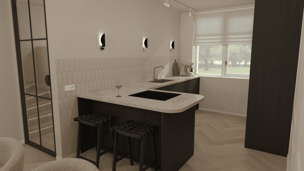 Keuken met donker houten kasten en travertin keukenblad in woning Barneveld