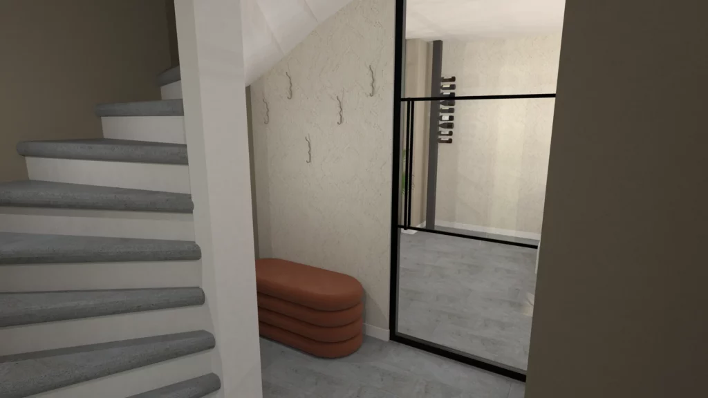 Interieurontwerp van hal in woning Nijmegen met stalen glazen deur en terracotta accenten