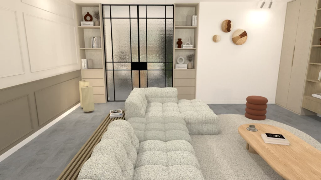 Sfeervolle 3D afbeelding van woning in Nijmegen met natuurlijke materialen en Scandinavische stijl