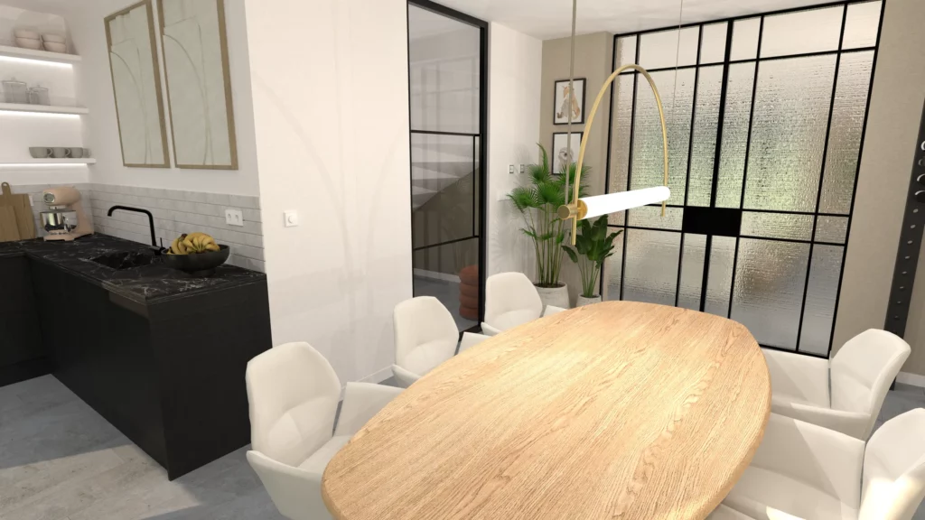 Modern interieur in woning Nijmegen met matzwarte keuken en industriële stalen deuren