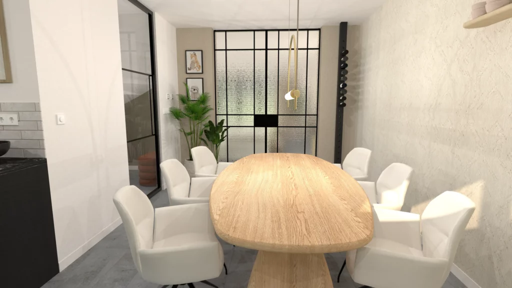 Modern interieur in woning Nijmegen met matzwarte keuken en industriële stalen deuren