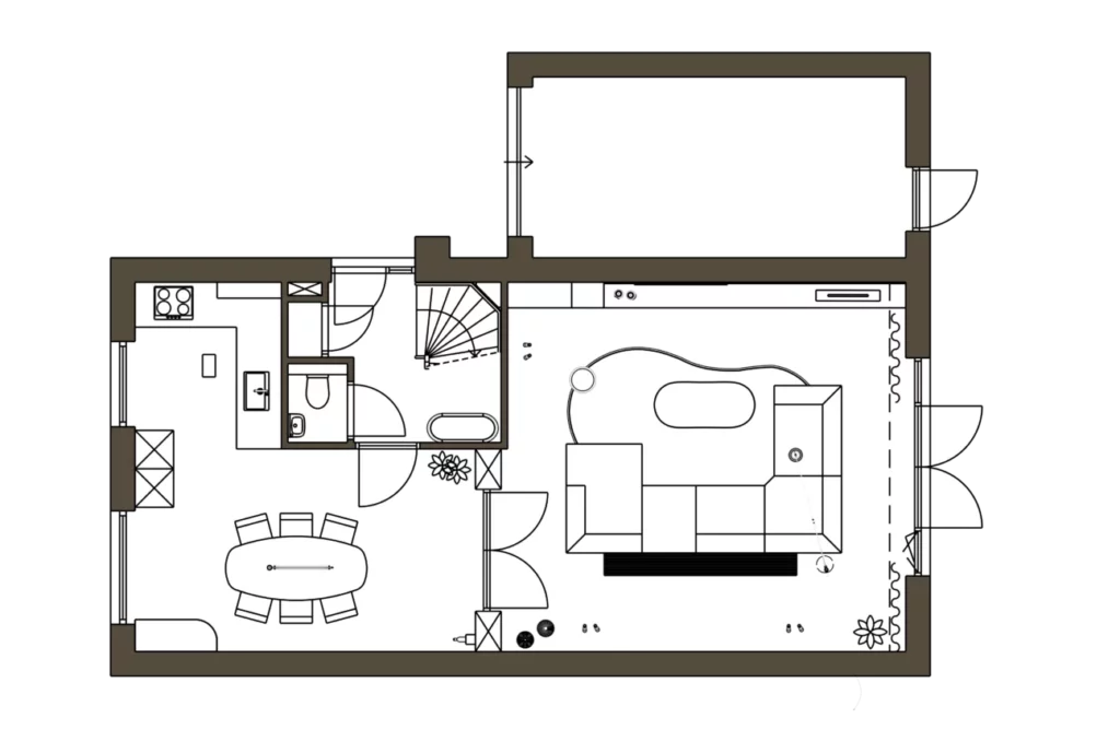 Interieurplattegrond woning Nijmegen met creatieve indeling waarbij de bank los in het midden van de ruimte staat
