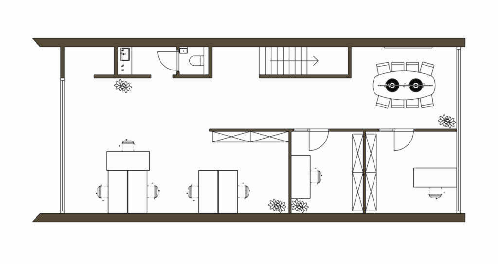 Plattegrond van modern kantoorpand in Eindhoven met flexplekken en een vergaderruimte