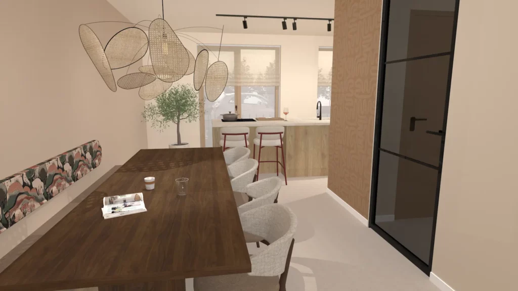Sfeervol interieur met open keuken in nieuwbouwwoning Almere met warme terracotta kleuren, licht eiken keukenkasten, kookeiland en grote eettafel