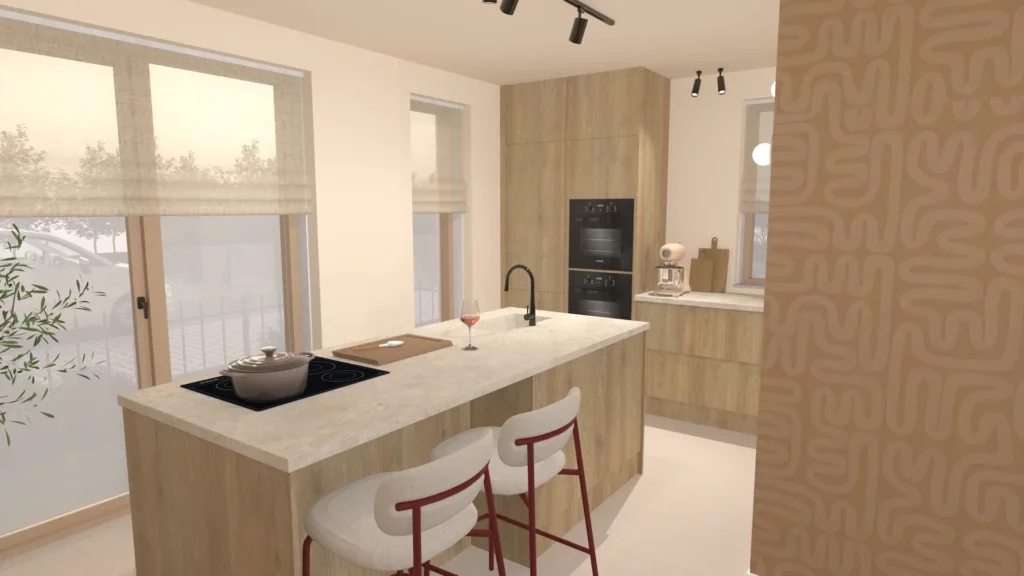 Sfeervol interieur met open keuken in nieuwbouwwoning Almere met warme terracotta kleuren en licht eiken keukenkasten en een kookeiland