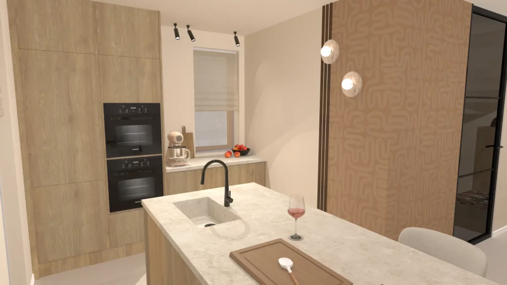Sfeervol interieur met open keuken in nieuwbouwwoning Almere met warme terracotta kleuren en licht eiken keukenkasten
