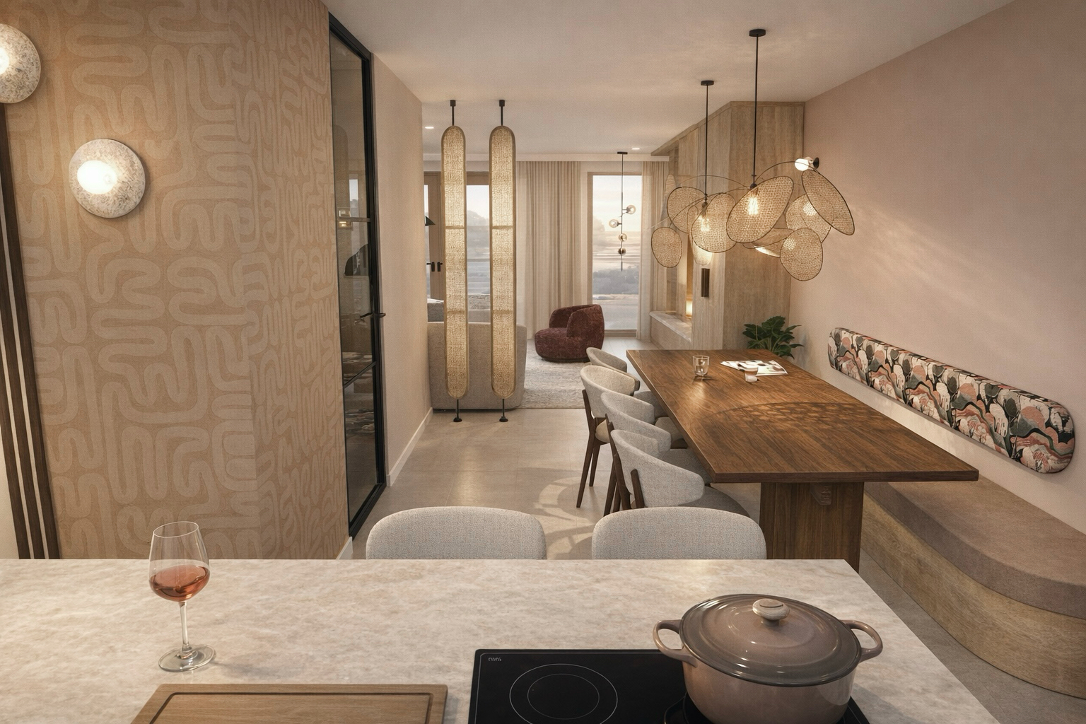 Sfeervol interieur met open keuken in nieuwbouw Almere, waardoor je altijd contact hebt met woonkamer en gezin
