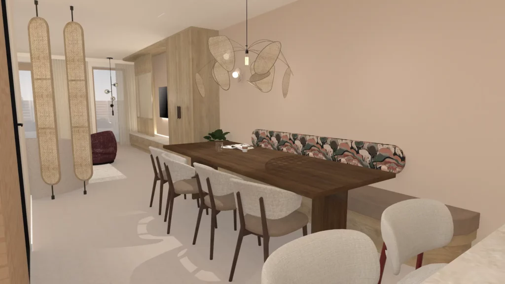 Sfeervol interieurontwerp voor nieuwbouwwoning in Almere met op maat gemaakte eetkamerbank met roze en groene stoffering