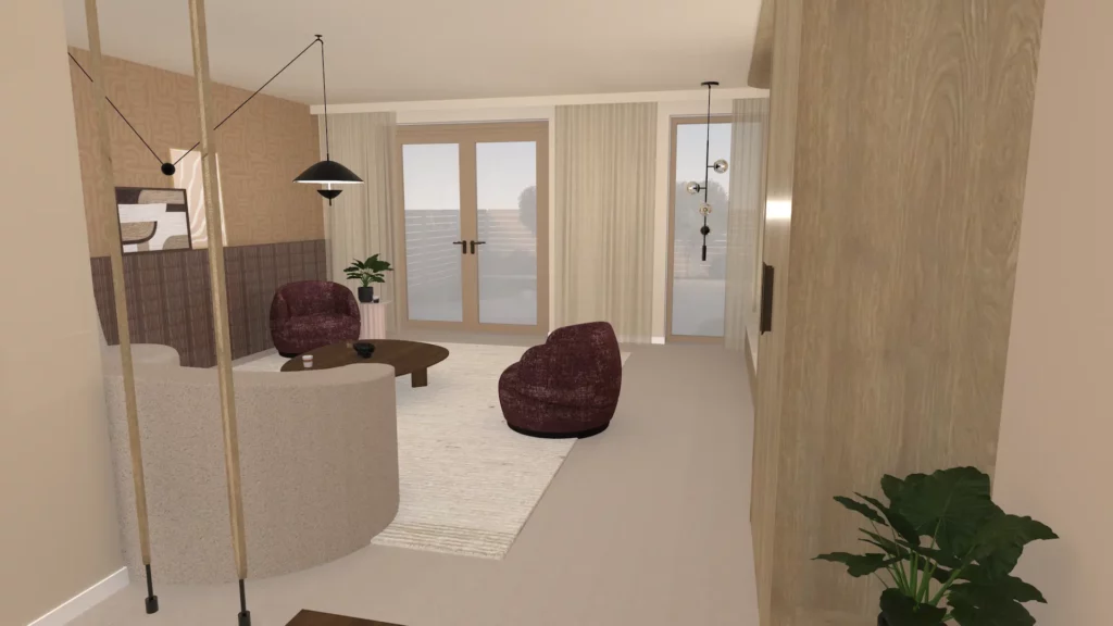 Sfeervol interieurontwerp nieuwbouwwoning Almere met warm roze accenten, beige gietvloer en opvallende verlichting