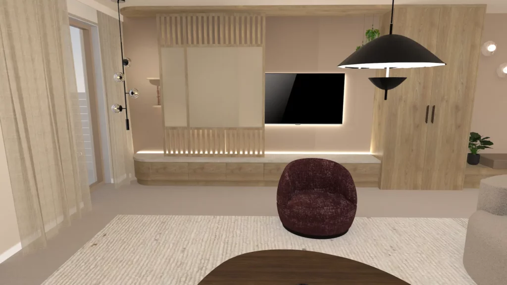 Interieurontwerp voor nieuwbouwwoning in Almere met maatwerk tv-meubel in licht eikenhout voor warme en sfeervolle woonruimte