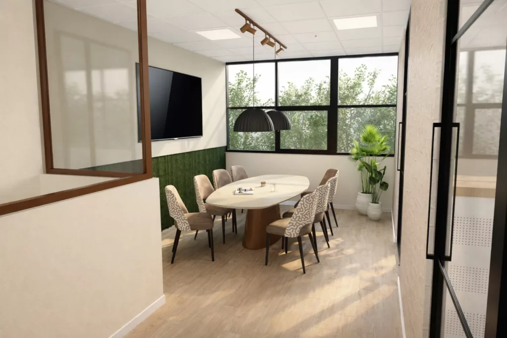 Interieurontwerp voor modern kantoor in Eindhoven met vergaderruimte in natuurlijke kleuren en materialen