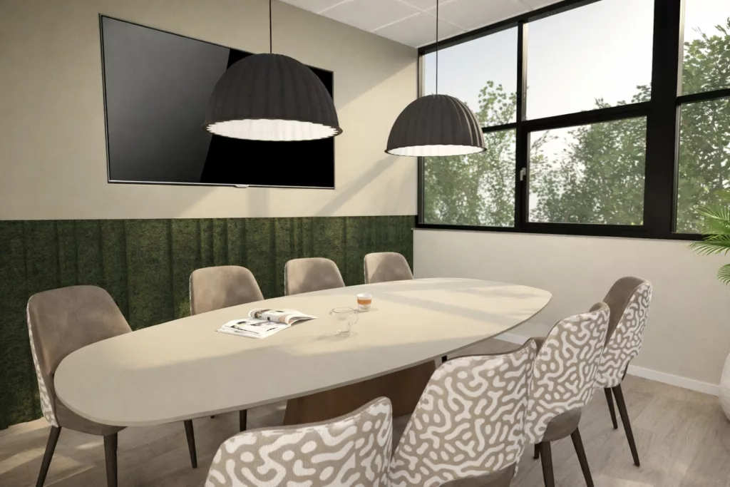 Interieurontwerp voor modern kantoor in Eindhoven met vergaderruimte in natuurlijke kleuren en materialen