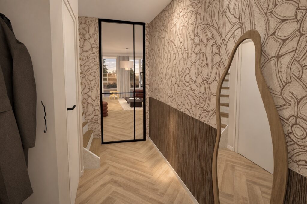 Render van de gang in een nieuwbouwproject in Barneveld met decoratief behang en houten lambrisering