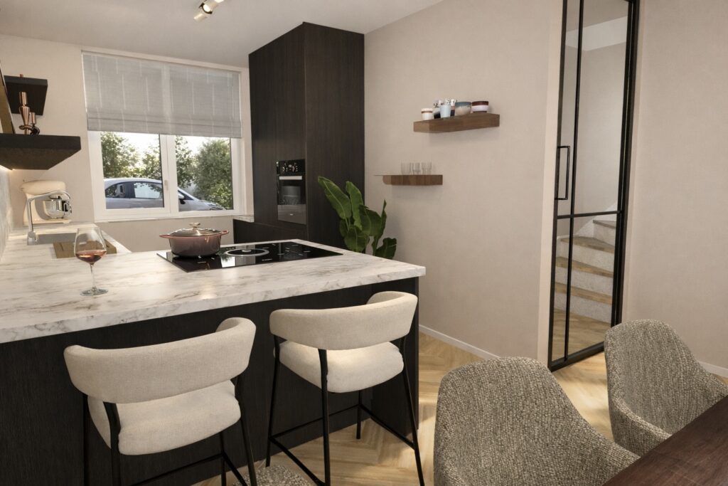 Render van het interieur van een nieuwbouwproject in Barneveld met een donkere keuken en een licht werkblad.