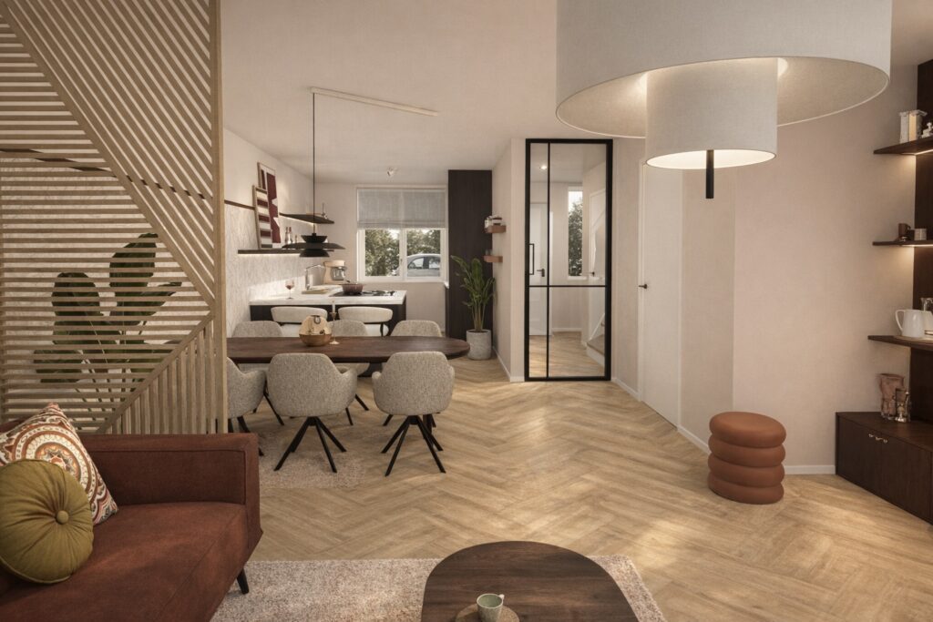 Interieurrender van een nieuwbouwproject in Barneveld met een warme zithoek, visgraatvloer, maatwerk tv-meubel en een donkere keuken met een licht werkblad.