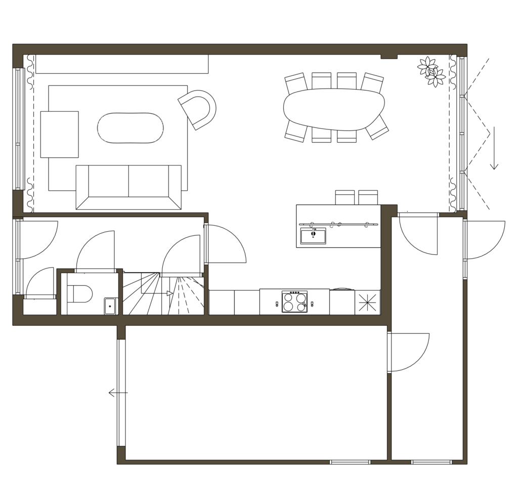 Plattegrond van het interieurontwerp van de begane grond van een woning in Veendam.