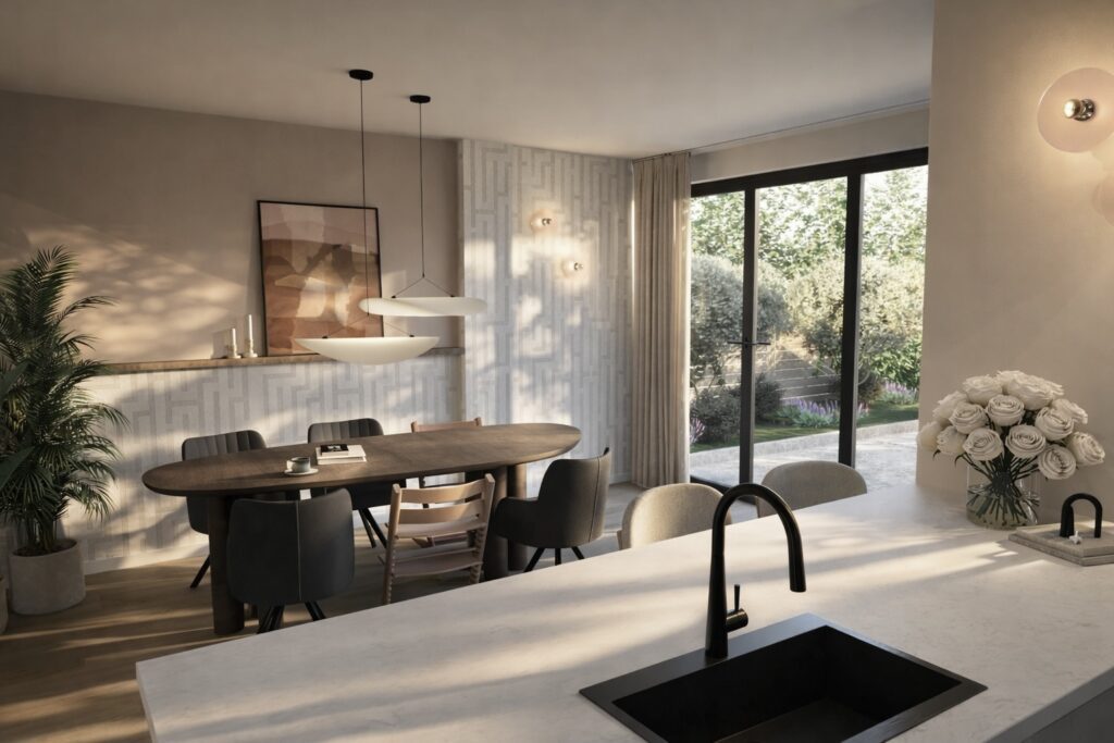 Sfeervol interieurontwerp voor een project in Veendam met een open keuken en woonkamer, uitgevoerd in warme kleuren.