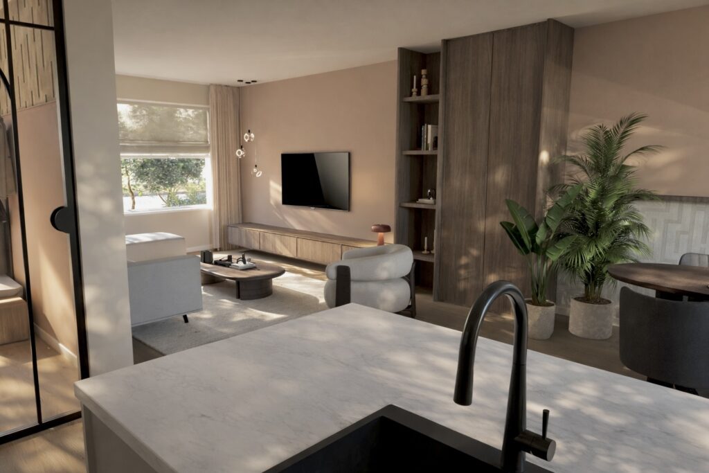Sfeervol interieurontwerp voor een project in Veendam met een open keuken en woonkamer, uitgevoerd in warme kleuren.