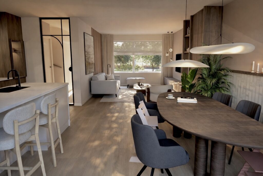 Sfeervol interieurontwerp voor een project in Veendam met een open keuken en woonkamer, uitgevoerd in warme kleuren.