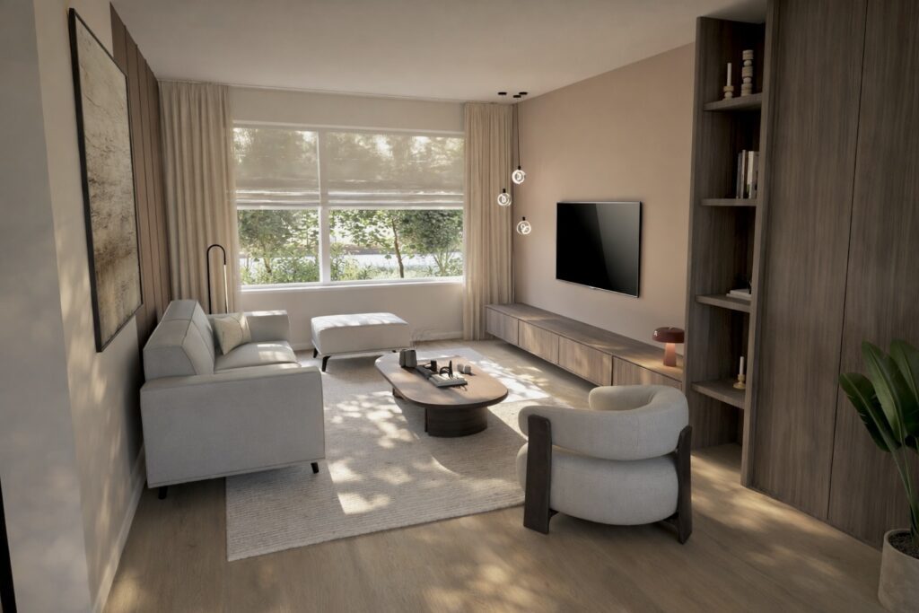 Sfeervol interieurontwerp voor een project in Veendam met een open keuken en woonkamer, uitgevoerd in warme kleuren.