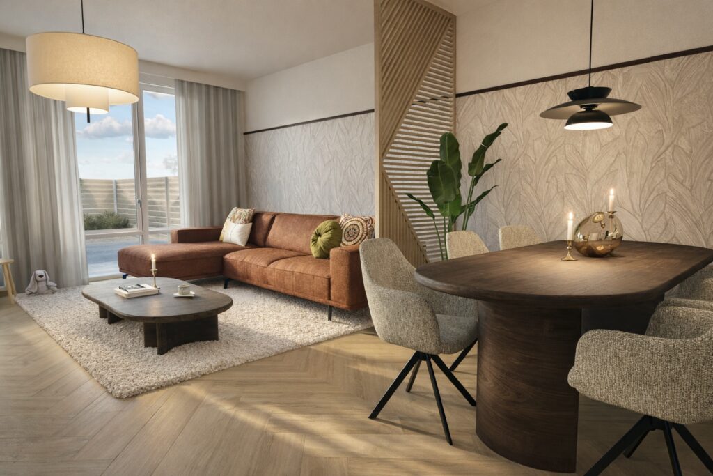 Interieurrender van een nieuwbouwproject in Barneveld met een warmgekleurde bank, een tussenwand van licht eikenhout en een visgraat houten vloer
