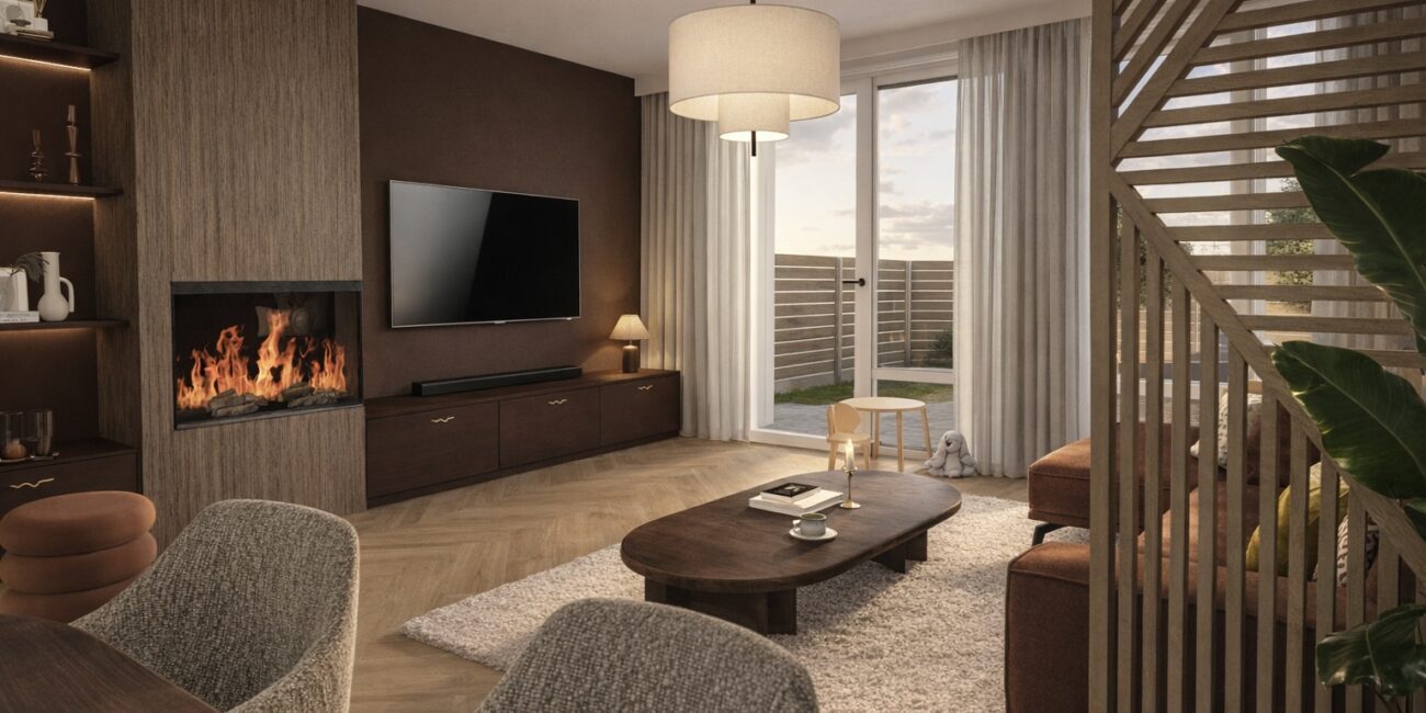 Render van het interieur van een nieuwbouwproject in Barneveld met een maatwerk tv-meubel in een warme roodtint